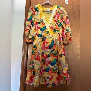 NWT FARM Rio x Anthropologie Tropical Parrot Feather Yellow Midi Wrap Dress S